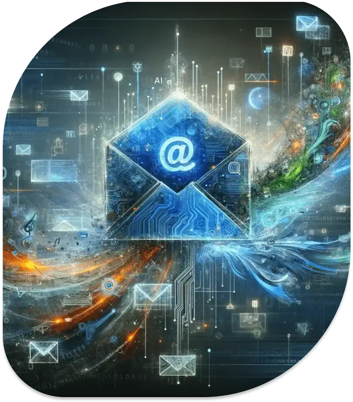 Futuristic digital artwork with a glowing envelope icon surrounded by circuitry, symbolizing AI-powered communication