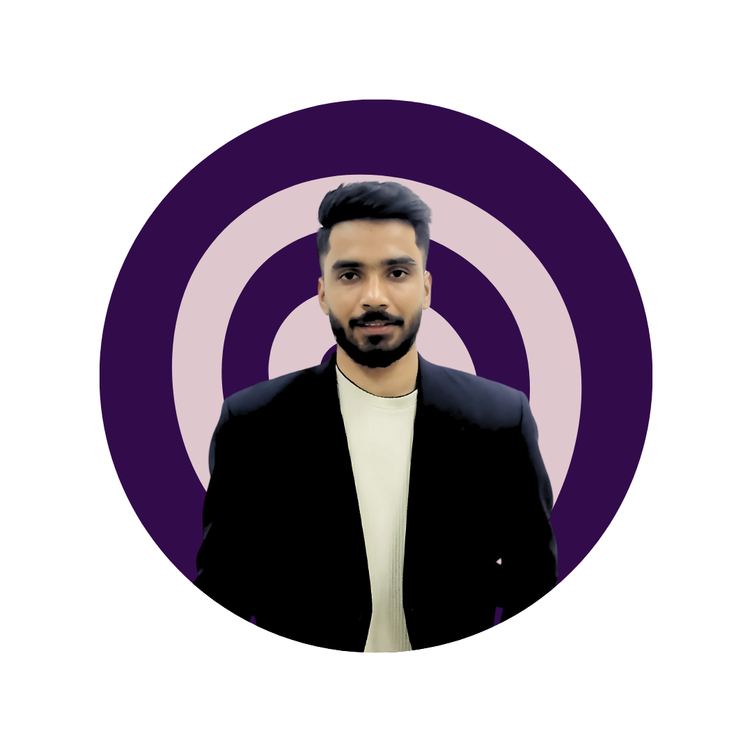 Portrait of Prashanta Dey, Founder and CEO, on a purple-blue gradient background